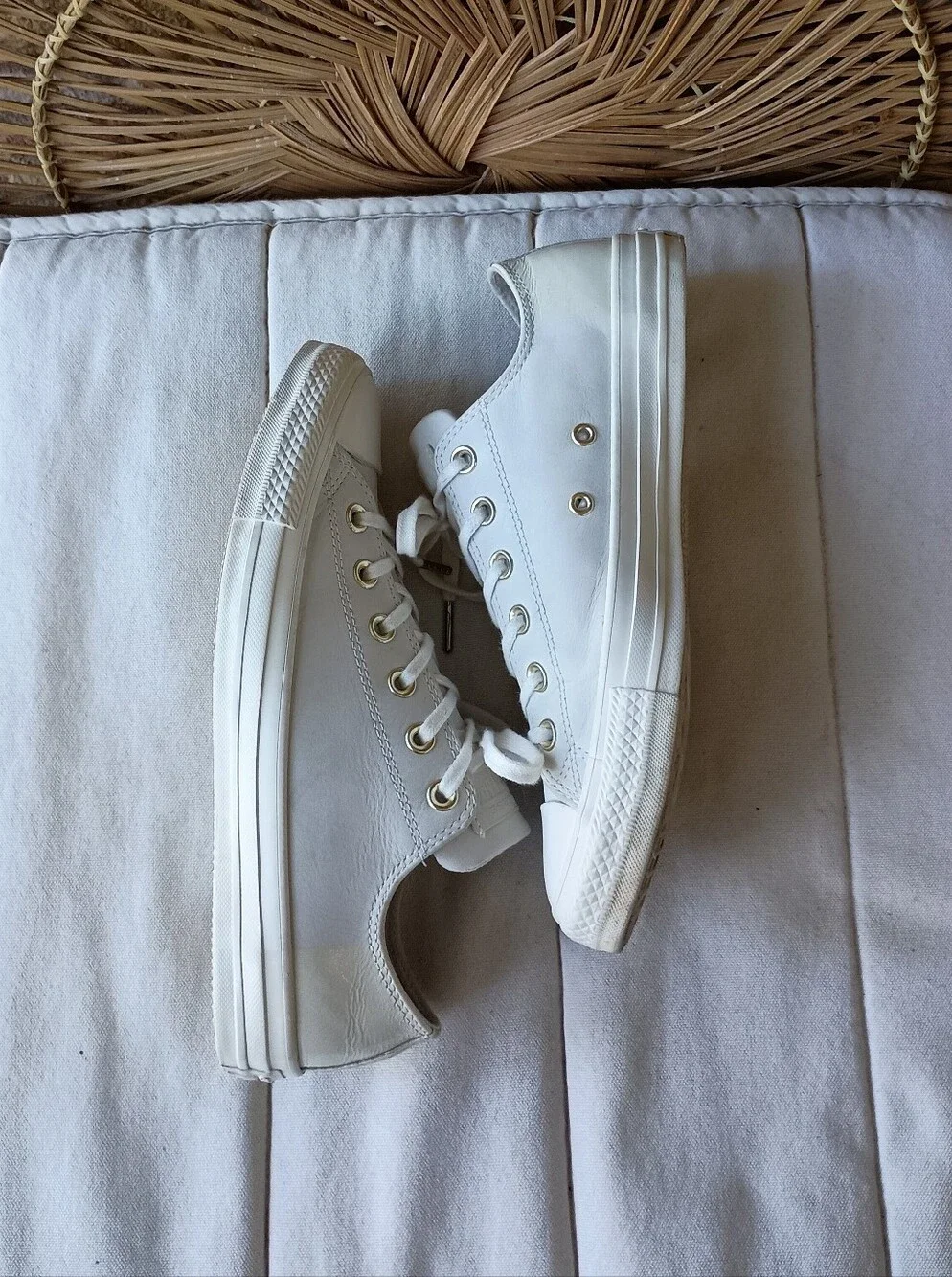 Converse White Low Top Sneakers with Gold Eyelets_9.5 - Picture 6 of 9